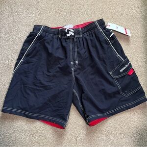 Speedo, water shorts, men’s black Lg . Waist 32-34” mesh liner NWT  3 pockets.
